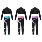 Kids' Athletic Wear Set - Stretchy Long Sleeve Crop Top & Colorblock Leggings for Gymnastics, Yoga, Skating