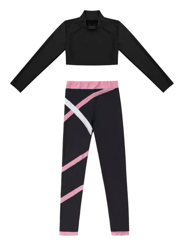 Kids’ Athletic Wear Set – Stretchy Long Sleeve Crop Top & Colorblock Leggings for Gymnastics, Yoga, Skating
