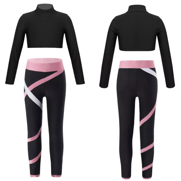 Kids’ Athletic Wear Set – Stretchy Long Sleeve Crop Top & Colorblock Leggings for Gymnastics, Yoga, Skating
