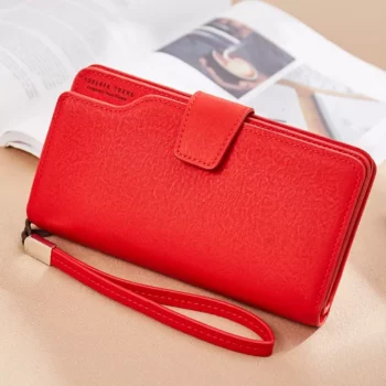 Red PU Leather Wallet Clutch with Zipper for Women
