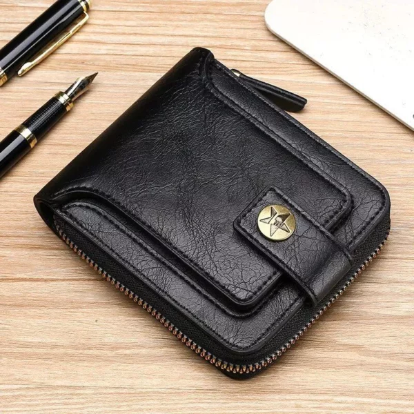 Classic Vintage Men’s PU Leather Short Wallet with Zipper & Hasp Closure