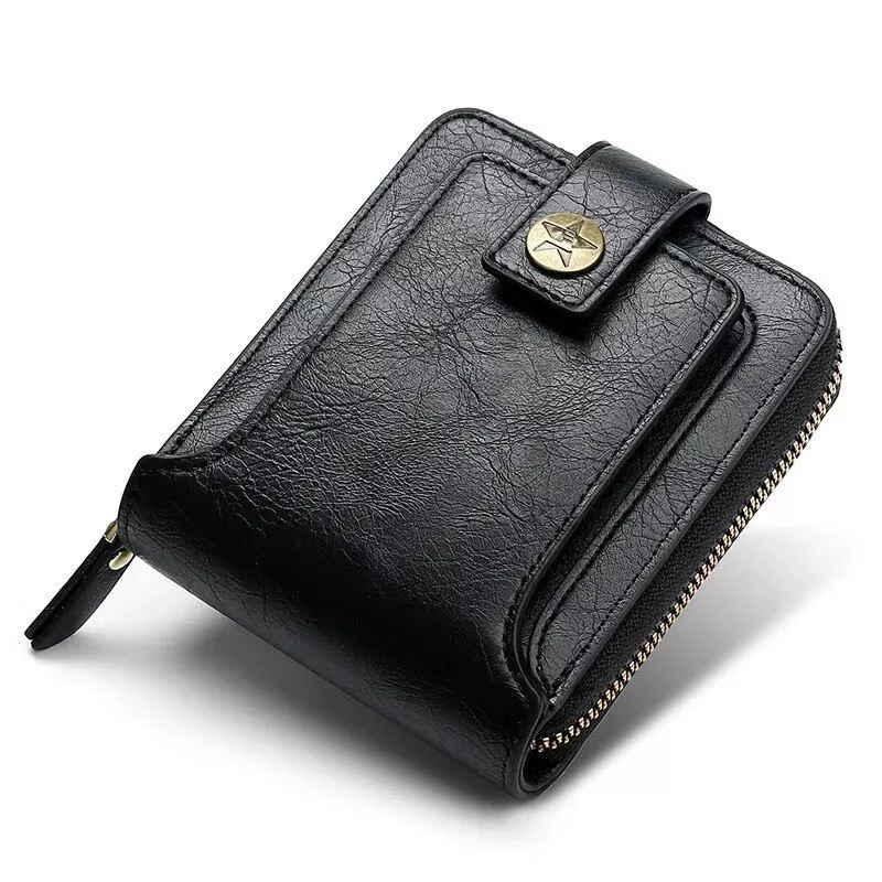 Classic Vintage Men’s PU Leather Short Wallet with Zipper & Hasp Closure