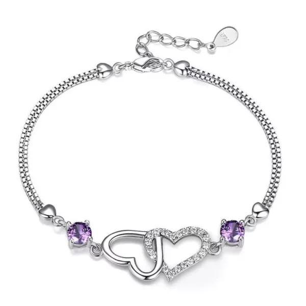 Sterling Silver 925 Heart Charm Bracelet with Natural Amethyst Zircon