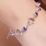 Elegant 925 Sterling Silver Heart & Purple Crystal Zircon Bracelet