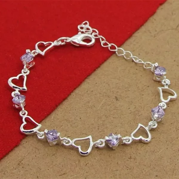 Elegant 925 Sterling Silver Heart & Purple Crystal Zircon Bracelet