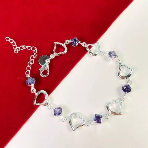Elegant 925 Sterling Silver Heart & Purple Crystal Zircon Bracelet