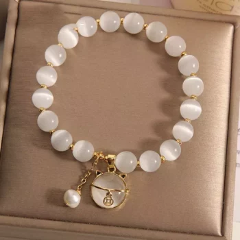 Elegant Opal Cat Pendant Adjustable Bracelet