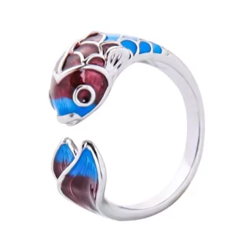 Elegant Silver Enamel Koi Fish Adjustable Ring – Sparkling Cocktail Jewelry for Women