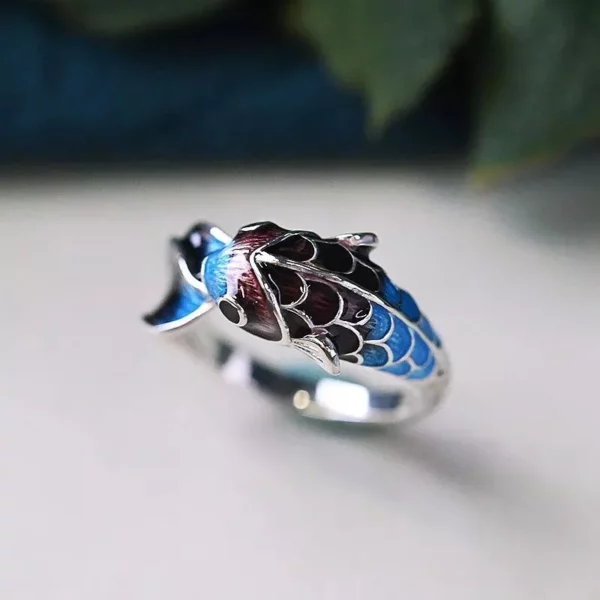 Elegant Silver Enamel Koi Fish Adjustable Ring – Sparkling Cocktail Jewelry for Women