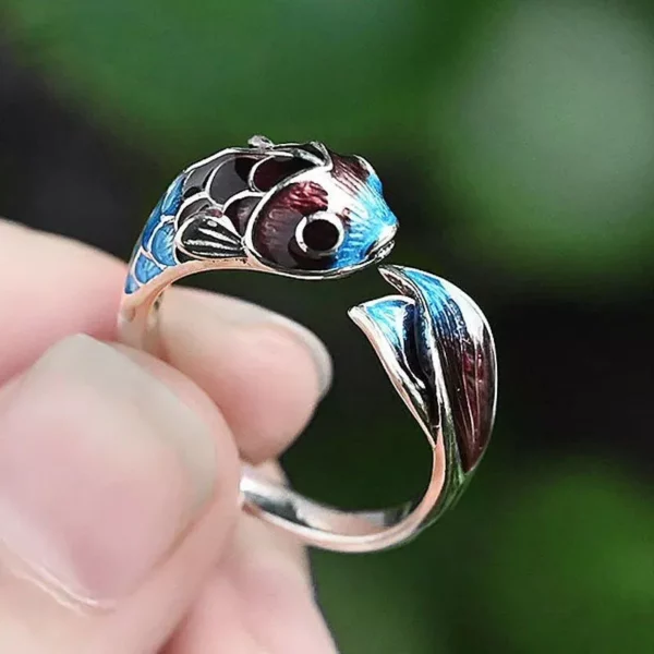 Elegant Silver Enamel Koi Fish Adjustable Ring – Sparkling Cocktail Jewelry for Women