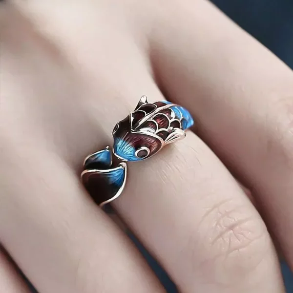 Elegant Silver Enamel Koi Fish Adjustable Ring – Sparkling Cocktail Jewelry for Women