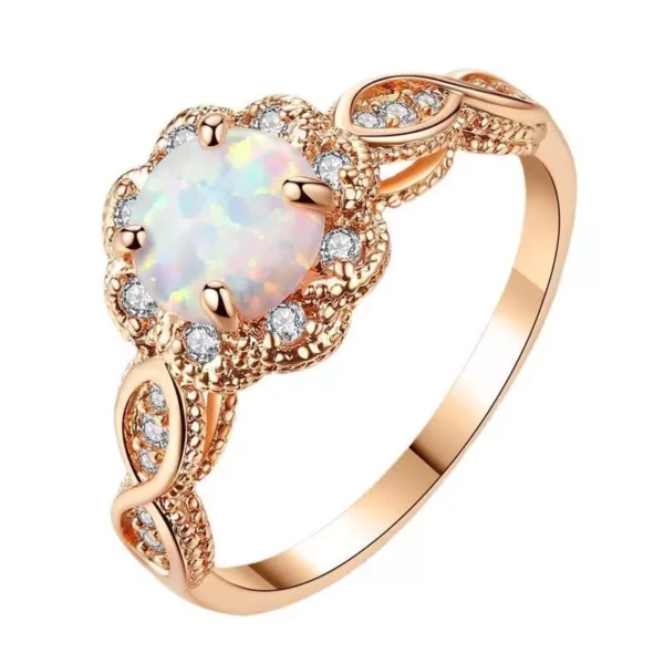 Elegant 18K Gold Plated White Fire Opal & Amethyst Ring