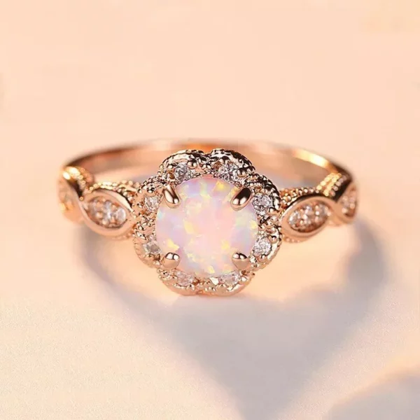 Elegant 18K Gold Plated White Fire Opal & Amethyst Ring
