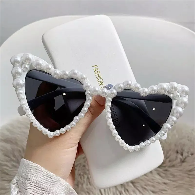 Chic Pearl-Embellished Heart-Shaped Sunglasses for Women