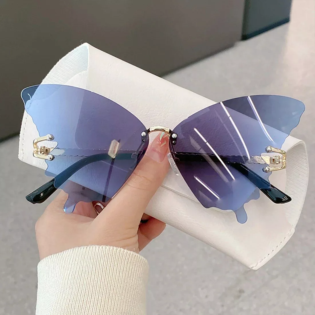 Chic Gradient Butterfly Sunglasses – UV Protection, Rimless Metal Design for Women