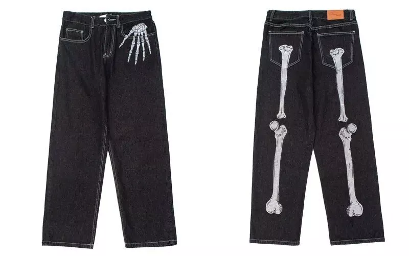 Skeleton Embroidery Baggy Denim Jeans – Men’s Wide Leg Streetwear Trousers