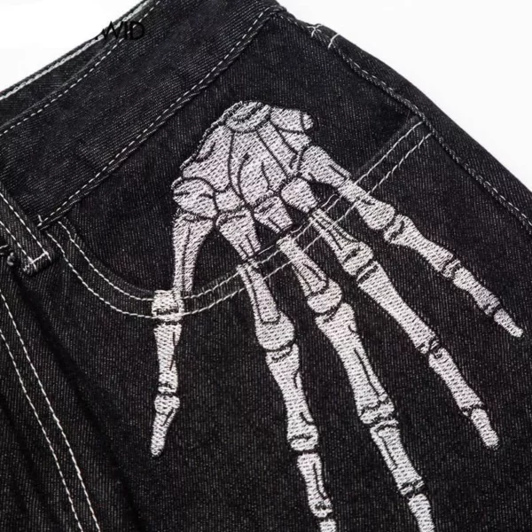 Skeleton Embroidery Baggy Denim Jeans – Men’s Wide Leg Streetwear Trousers