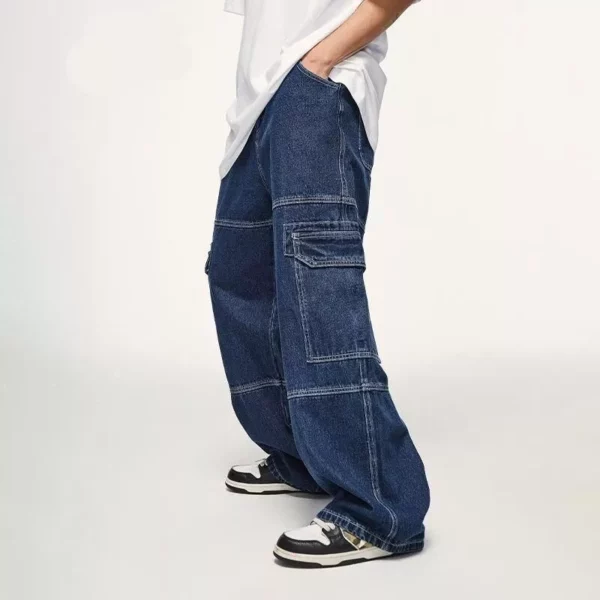 Men's Multi-Pocket Cargo Denim Wide Leg Jeans - Contrast Stitching - Image 3