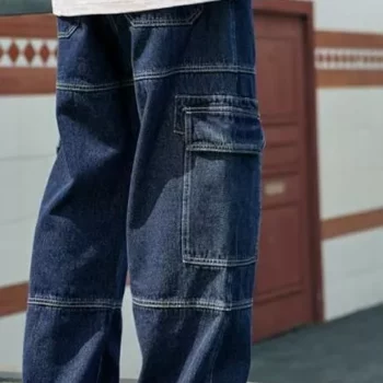 Men’s Multi-Pocket Cargo Denim Wide Leg Jeans – Contrast Stitching