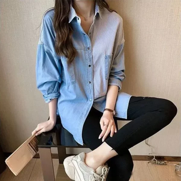 Women's Oversized Patchwork Denim Shirt - Casual Long Sleeve Jean Blouse - Image 5