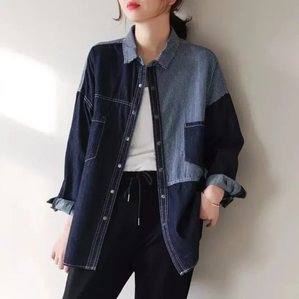 Women's Oversized Patchwork Denim Shirt - Casual Long Sleeve Jean Blouse - Image 2