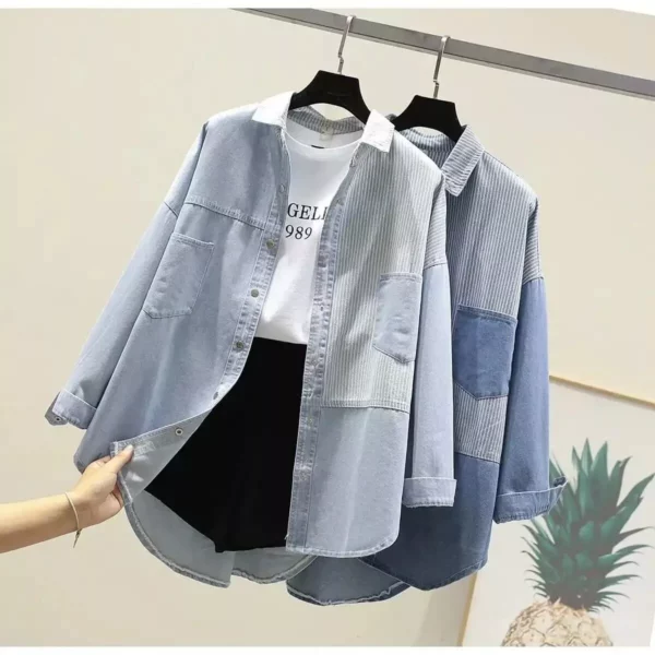 Women’s Oversized Patchwork Denim Shirt – Casual Long Sleeve Jean Blouse