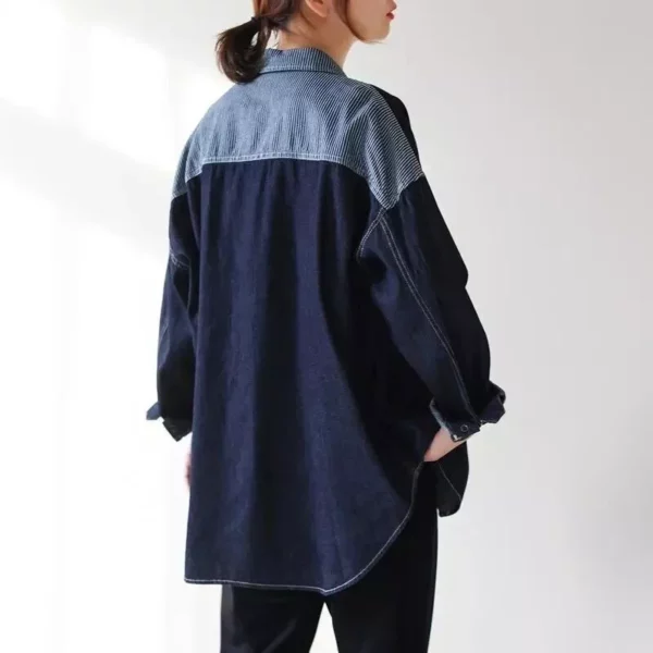 Women's Oversized Patchwork Denim Shirt - Casual Long Sleeve Jean Blouse - Image 4