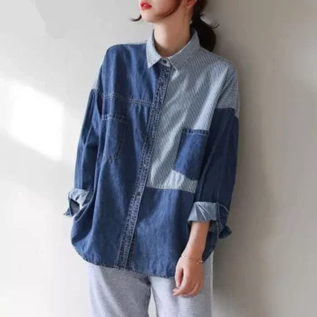 Women’s Oversized Patchwork Denim Shirt – Casual Long Sleeve Jean Blouse