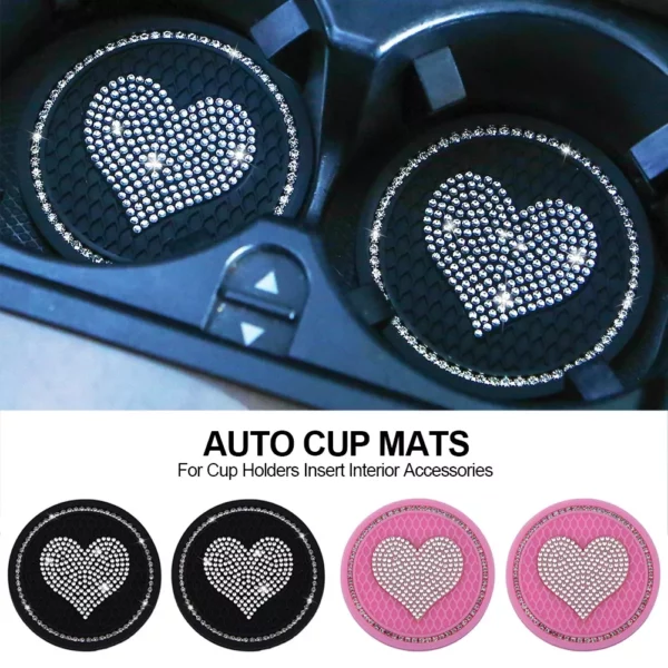 2PCS Heart-Shaped Diamond Car Cup Holder Mats - Image 2