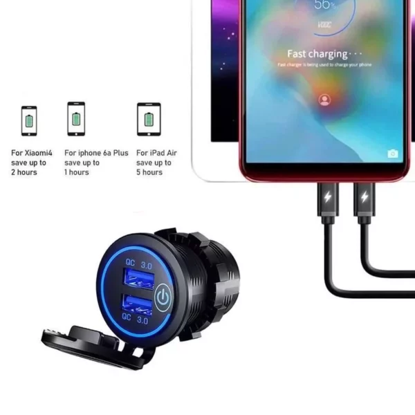 Quick Charge 3.0 Waterproof Dual USB Car Charger with LED Touch Switch - Image 6