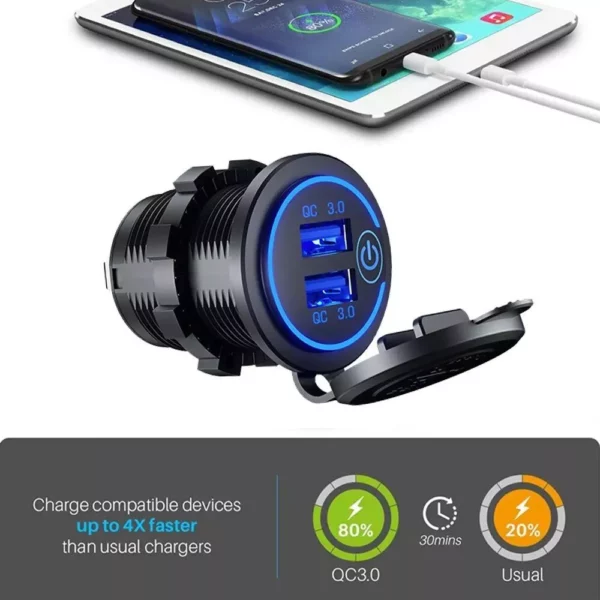 Quick Charge 3.0 Waterproof Dual USB Car Charger with LED Touch Switch