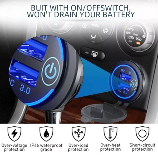 Quick Charge 3.0 Waterproof Dual USB Car Charger with LED Touch Switch