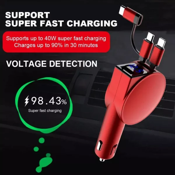 60W 3-in-1 Retractable Car Charger with Fast Charge Technology