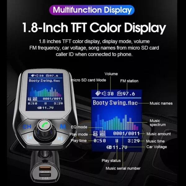 Bluetooth FM Transmitter with 1.8″ Color Display, Handsfree Car Kit & Dual USB Charger