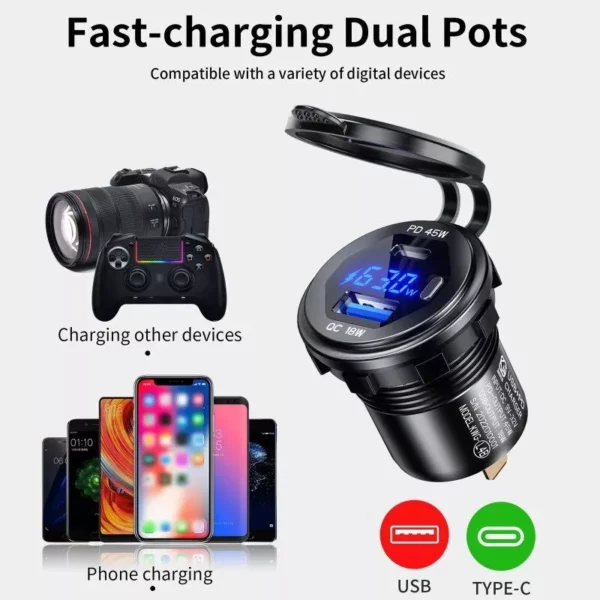 Dual USB Car Charger Socket with Quick Charge 3.0 & Type C