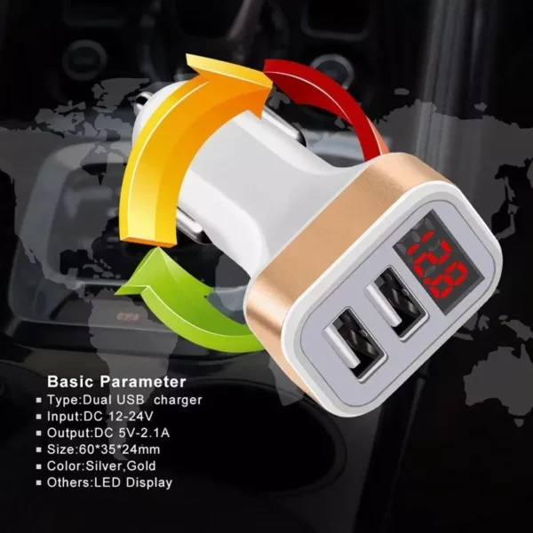 Dual USB Car Charger with LED Voltage Meter Display