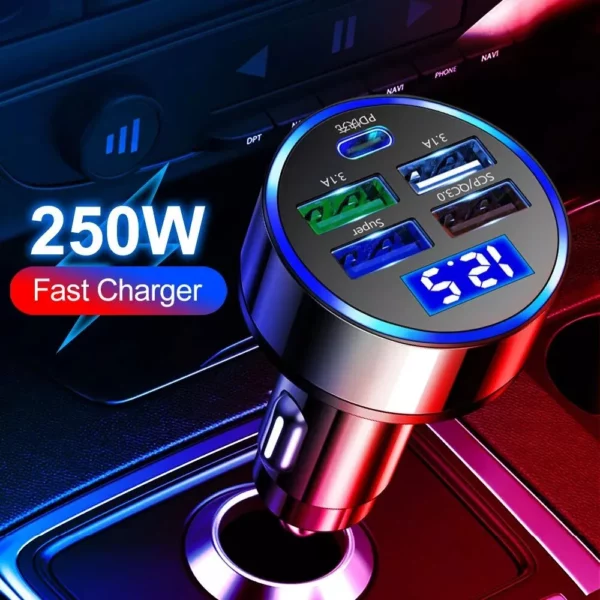 250W Fast Charging USB-C Car Charger with Display Screen