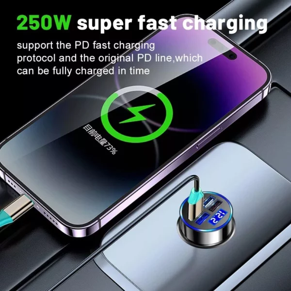 250W Fast Charging USB-C Car Charger with Display Screen