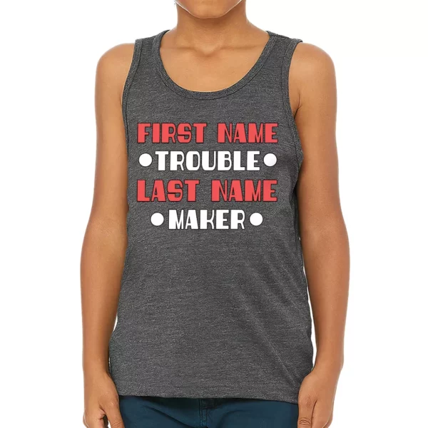 Trouble Maker Kids’ Jersey Tank – Funny Sleeveless T-Shirt – Cool Kids’ Tank Top