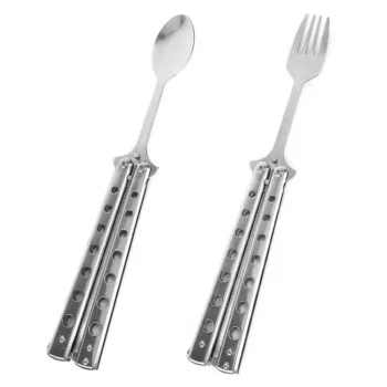 Stainless Steel Balisong Tableware: Folding Spoon & Fork Trainer