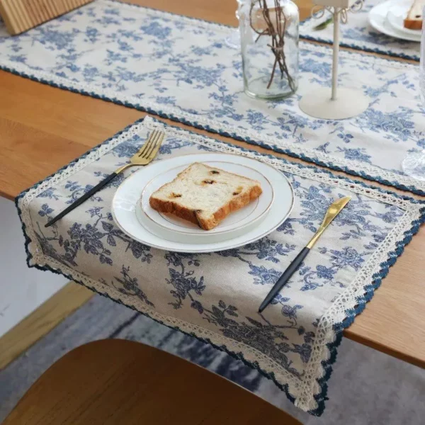 Elegant French Pastoral Blue Floral Table Mat – Waterproof, Cotton-Linen Blend Home Decor