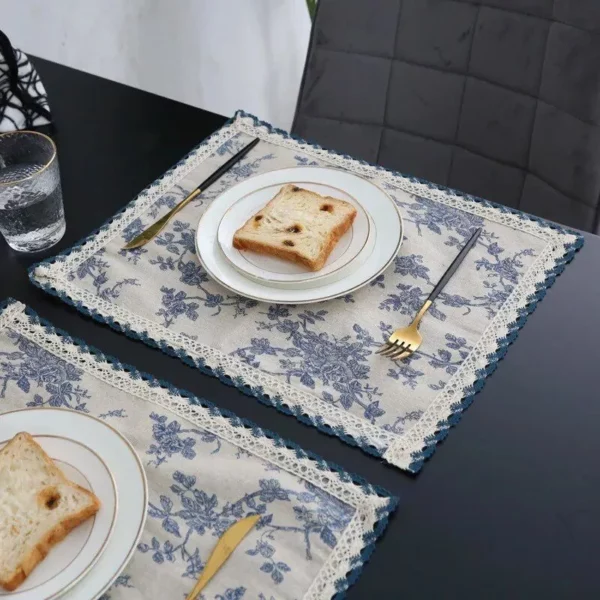 Elegant French Pastoral Blue Floral Table Mat – Waterproof, Cotton-Linen Blend Home Decor