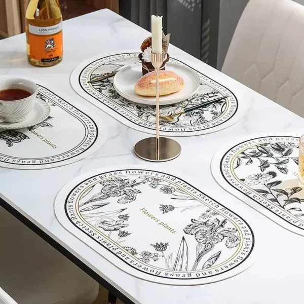 Stylish Nordic Black & White Floral Leather Placemat – Elegant, Waterproof, and Heat Resistant Dining Decor
