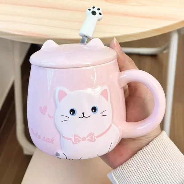 Cute Cartoon Cat Ceramic Mug with Lid and Spoon – Perfect for Office and Home Use