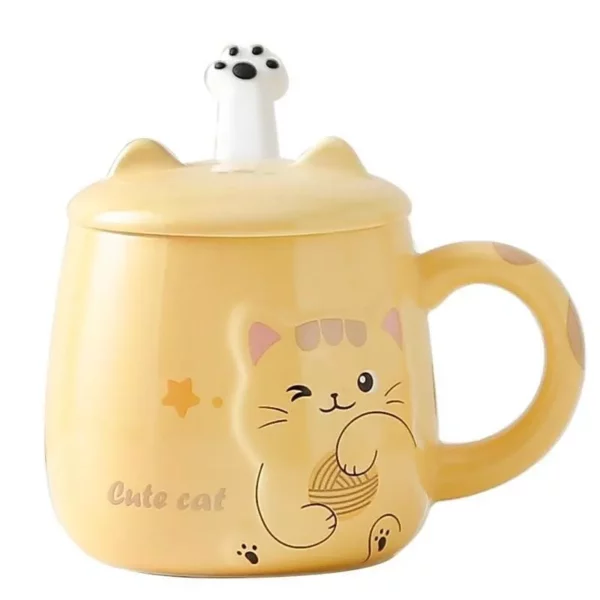 Cute Cartoon Cat Ceramic Mug with Lid and Spoon – Perfect for Office and Home Use