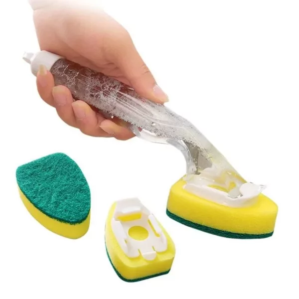 Multi-Purpose Soap Dispensing Dish Brush Set with Replaceable Sponge Heads