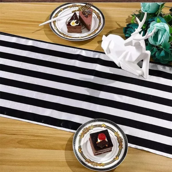 Elegant Black and White Striped Polyester Table Runner for All Occasions