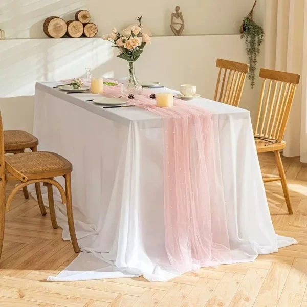 Elegant Pink Pearl Mesh 10FT Table Runner