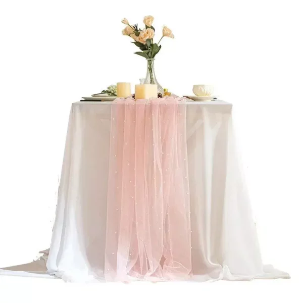 Elegant Pink Pearl Mesh 10FT Table Runner