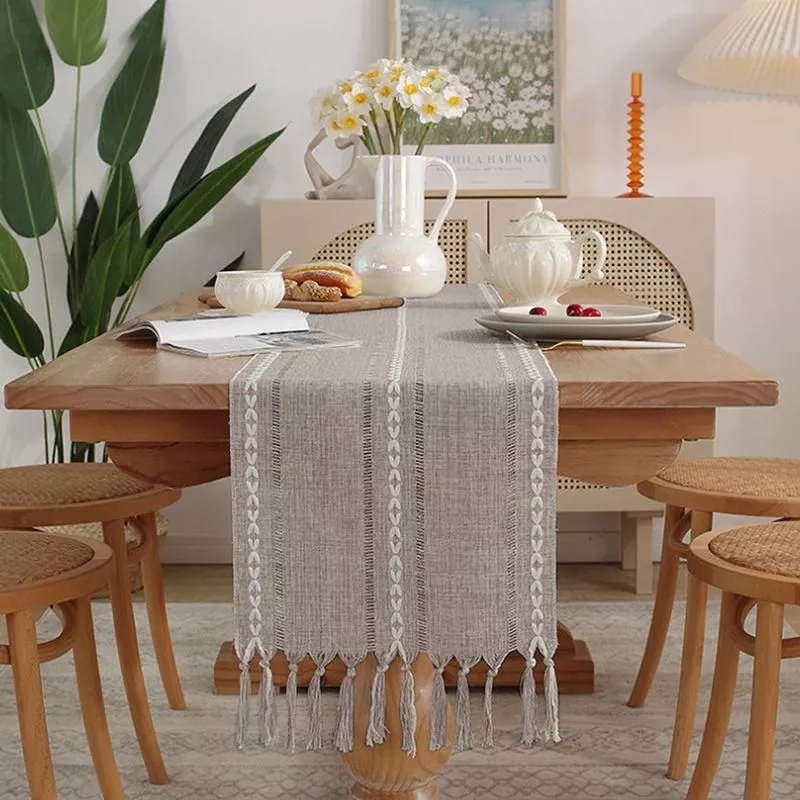 Bohemian Chic Woven Cotton Linen Table Runner with Handmade Tassels